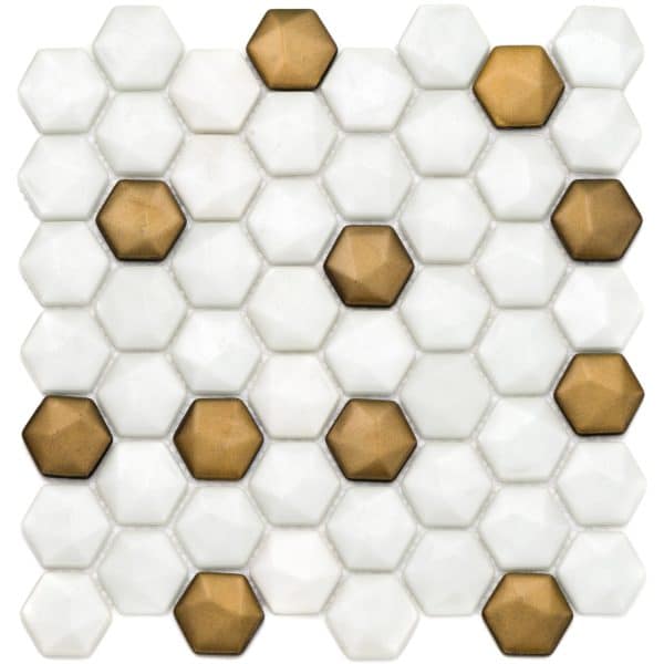 Mosaikmatte Ebru Hexagon Glas Weiß Gold 29 cm x 29 cm